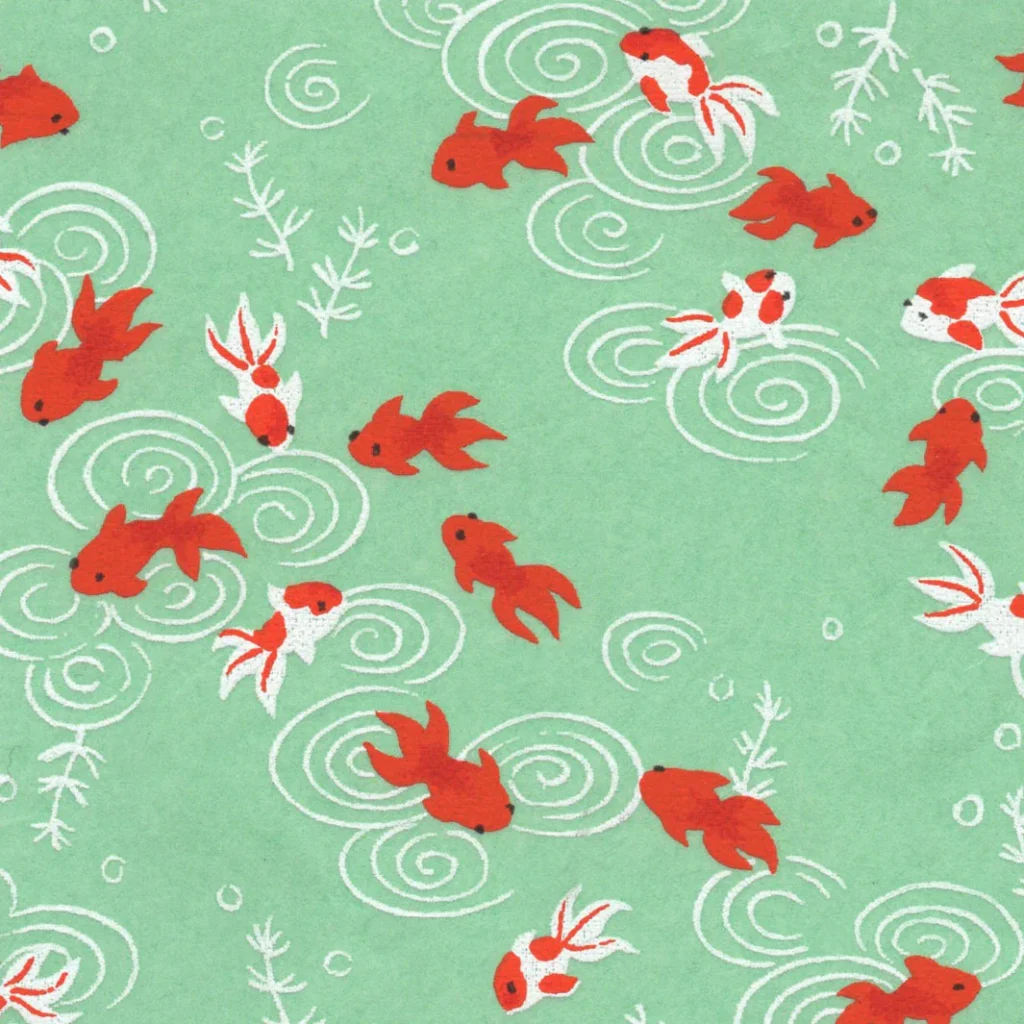 Papier japonais Koi – Carpes rouges fond vert d’eau –