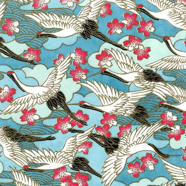 Papier japonais Tsuru – Envolée de grandes grues blanches sur fond bleu vert et bleu –