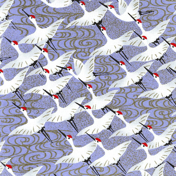 Papier japonais Tsuru – Envolée de grues blanches sur fond mauve –