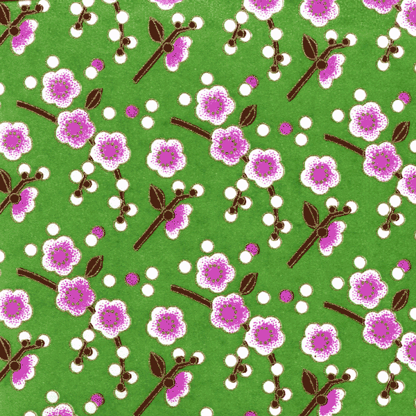 Papier japonais Ume -Fleurs de prunier et branches sur fond vert –