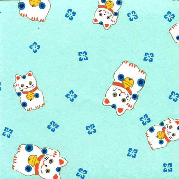 Papier japonais Maneki Neko – Chats et petites fleurs bleues sur fond vert lagon –