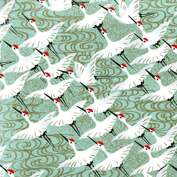 Papier japonais Tsuru – Envolée de grues blanches sur fond vert –
