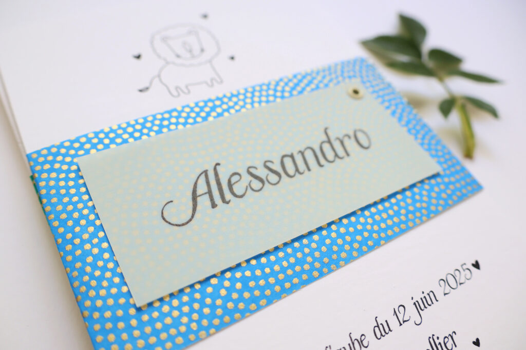 Faire-part Alessandro aux points or fond bleu