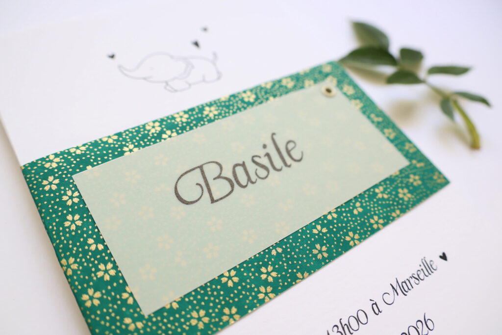 Faire-part Basile aux fleurettes or sur fond turquoise