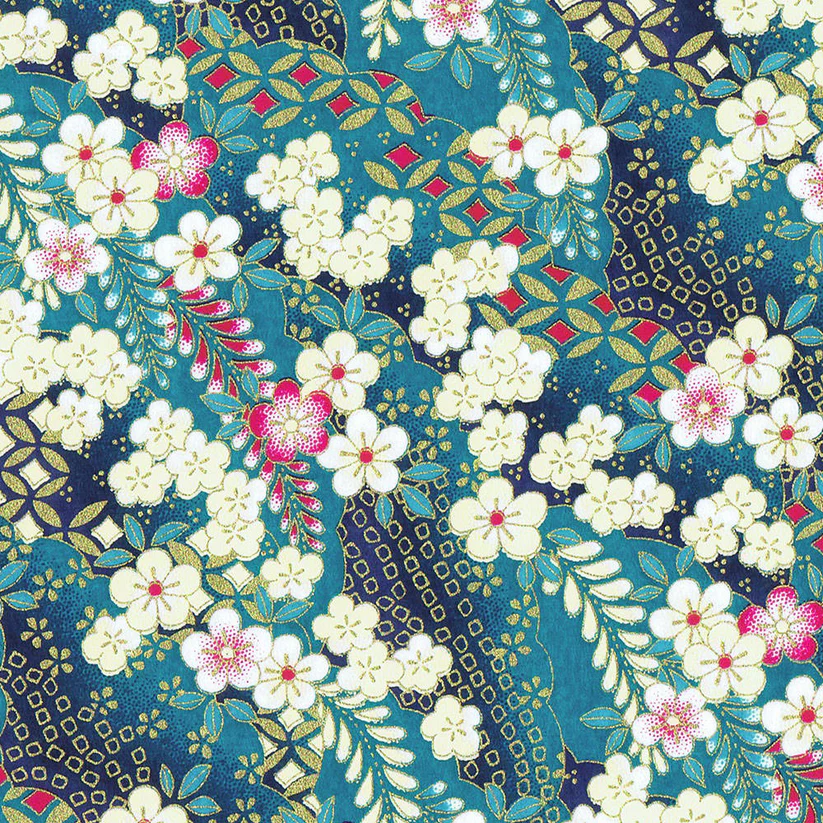 Papier japonais Ume -Fleurs de prunier nuages et branches sur fond turquoise