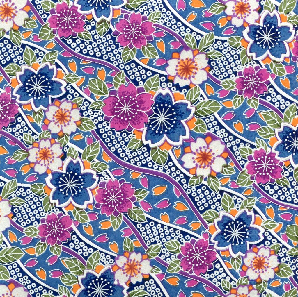 Papier japonais -Fleurs de cerisier violette et bleue fond bleu –